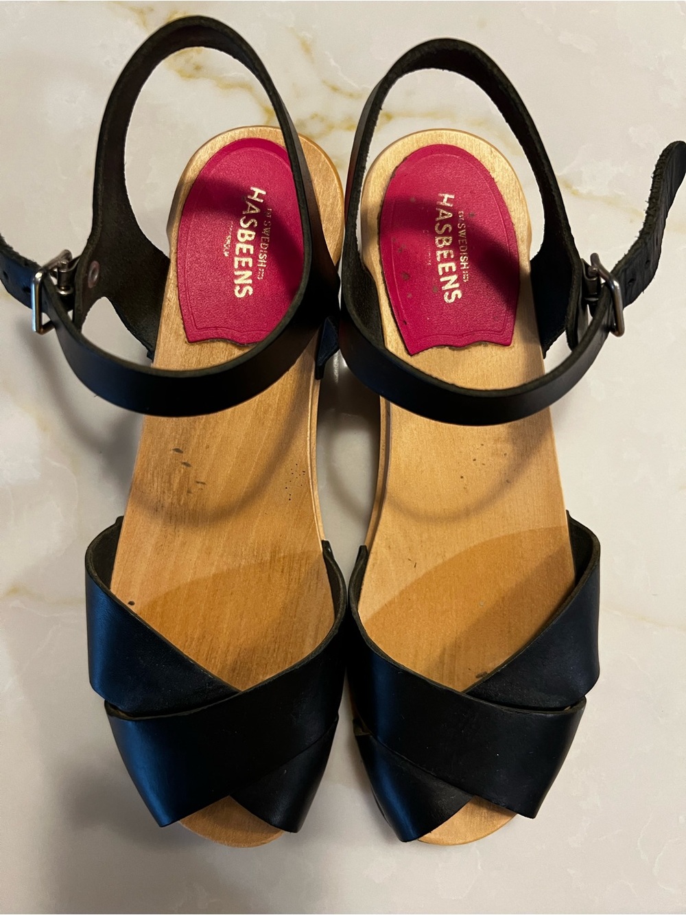 Swedish Hasbeens Mirja Black Leather Wooden Clogs 37